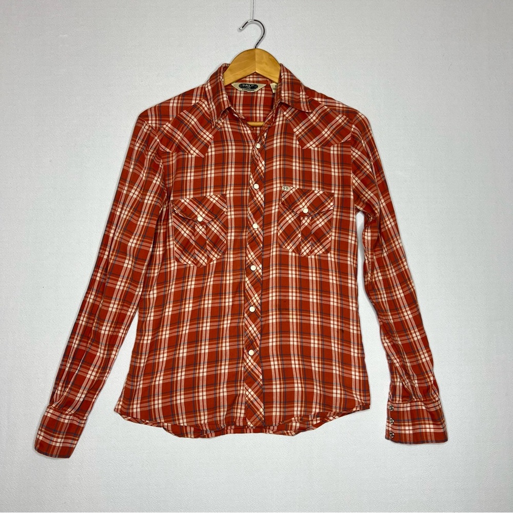 Salt Valley Orange Brown Western Pearl Snap Long Sleeve Plaid Shirt Size XS